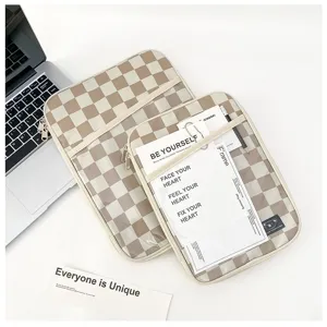 Detailed view of the trendy checkered tablet sleeve with transparent pocket and plush interior.