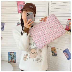 Pink strawberry quilted laptop sleeve for 13 14 15 inch notebooks and tablets. Cute protective bag.