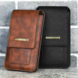 Men's PU Leather Dual Layer Phone Holster Vintage Crazy Horse Pattern Belt Loop Waist Bag Outdoor Phone Case Holder