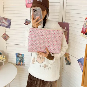 Pink strawberry quilted laptop sleeve padded protective case for 13 14 15 inch notebook iPad