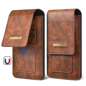 Vintage crazy horse leather double-layer phone holster with card slots and magnetic closure.