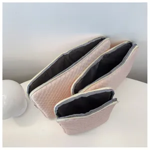 Korean minimalist quilted laptop sleeve set, soft pink tablet storage bag for 11 14 15.6 inch devices.