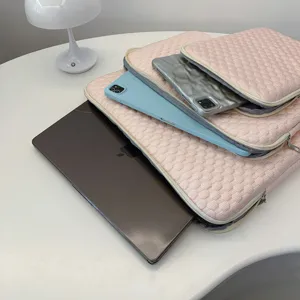 Pink quilted laptop sleeve set, aesthetic padded tablet pouch for 11 14 15.6 inch daily use.