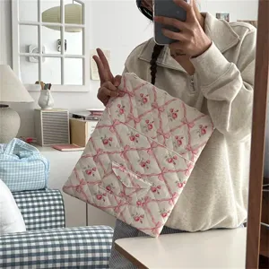 Ins Floral Quilted Laptop Sleeve 11 13 15 Inch Aesthetic Ribbon Tablet Storage Bag for Women