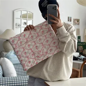 Korean ins floral quilted laptop sleeve detail, cute pink ribbon tablet storage bag for women