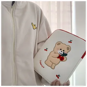 Süße bestickte Laptoptasche für 11/13 Zoll Notebook, Kirschbär Plüsch Aufbewahrungstasche.