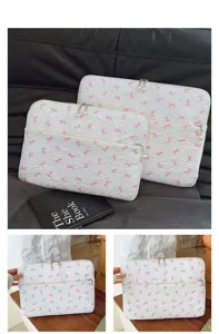 Housse d'ordinateur portable blanche avec motif de noeud rose et tirenette en perle elegante