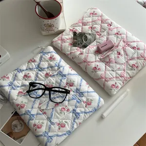 Floral ribbon quilted laptop sleeve 11 13 15 inch tablet storage bag aesthetic detail view