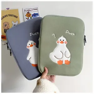 Cute duck embroidery iPad tablet sleeve detail shot, soft protective case for devices.