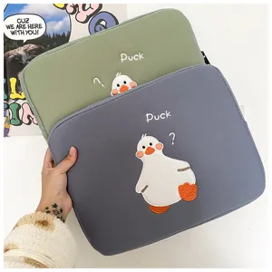 Cute duck embroidery tablet sleeve for iPad, soft protective case in grey and green.