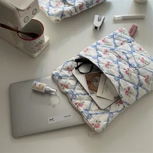 Korean style quilted floral laptop sleeve aesthetic bow design tablet storage bag 13 inch