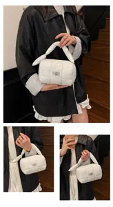 White quilted puff handbag with cute knotted handle, large capacity portable cosmetic storage bag.