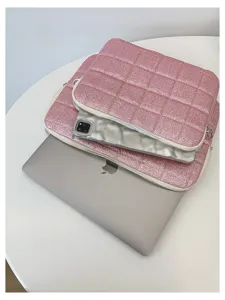 Pink glitter quilted laptop sleeve set, stylish sparkly protective bag for 13 inch notebooks.