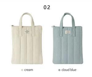 Quilted laptop bag padded tablet sleeve aesthetic minimalist canvas tote bag cream and cloud blue