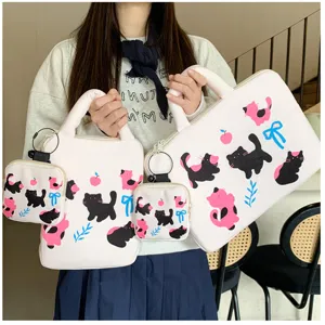 Cute kitten pattern laptop sleeve and storage pouch set for daily commuting and study use.