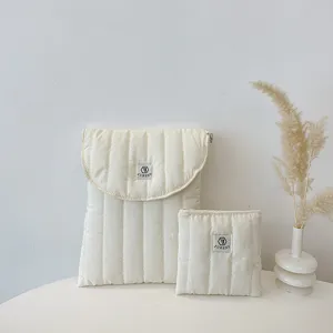 Minimalist quilted cotton laptop sleeve and pouch set, soft shockproof protective bag for 13