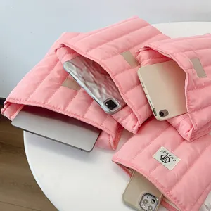 Korean aesthetic pink quilted laptop sleeve, shockproof cotton protective cover for tablet PC.
