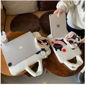 Cute Korean style black cat laptop sleeve bag with small pouch for tablet and daily commute.