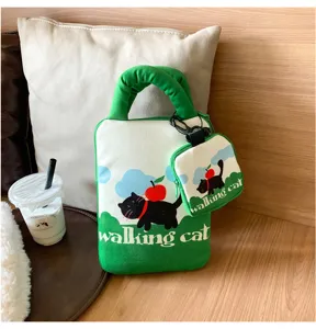Cute canvas laptop sleeve and tablet storage bag with cute black cat pattern and handy pouch.