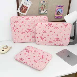 Pink Quilted Laptop Sleeve Cute Bow Embroidery Tablet Bag Korean Style Large Capacity