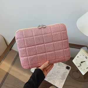 Pink glitter laptop sleeve for 13 14 inch notebook, cute quilted computer carrying case bag.