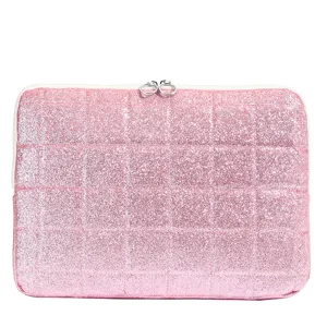 Pink glitter quilted laptop sleeve main product view, portable 13.3 inch notebook computer case