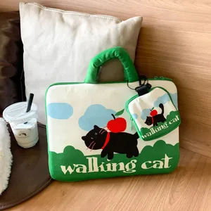 Cute Cartoon Cat Print Canvas Laptop Bag Tablet Pouch Unisex Daily Commute Storage Bag Polyester Laptop Sleeve Case