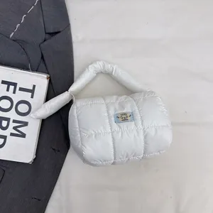 White quilted puffer cosmetic bag, portable travel lightweight toiletry pouch for women.