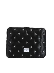 Black quilted laptop sleeve 14 inch with cute white embroidered bow design for women