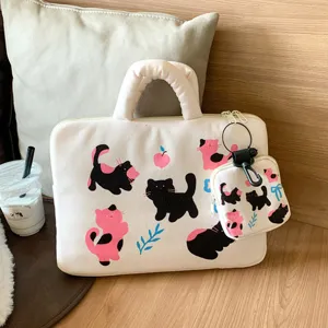 Korean style cute laptop bag with mini pouch, aesthetic canvas tablet sleeve for women students