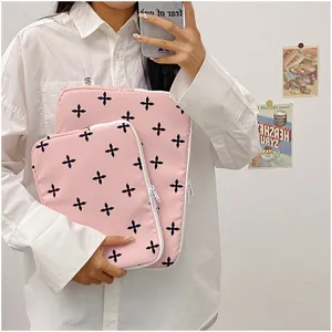 Cute pink floral laptop sleeve and tablet pouch set, Korean style cute design for daily use.