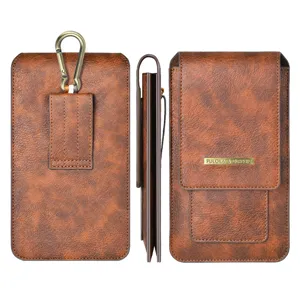 Crazy horse leather phone holster double layer belt pouch with carabiner for outdoor sports