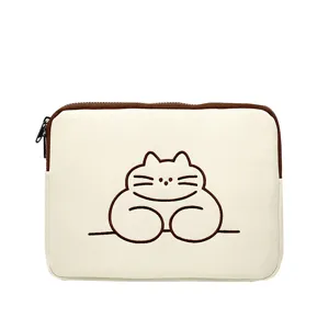 Minimalist iPad tablet sleeve 11 13 inch cute brown cat embroidery canvas laptop protective bag.