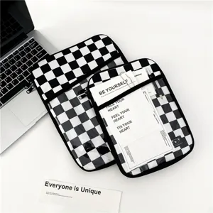 Black and white checkerboard iPad sleeve fleece lined protective tablet case with transparent pocket.