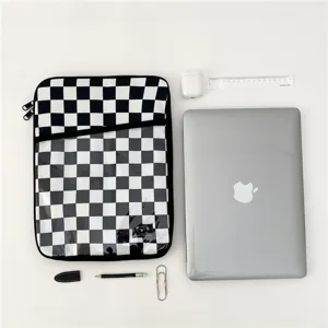 Korean style black and white checkered laptop sleeve plush shockproof tablet storage bag.
