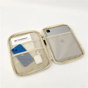 Beige tablet organizer bag shockproof protective sleeve for iPad storage multifunctional case
