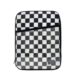Black and white checkerboard tablet sleeve, shockproof iPad protective pouch with clear front pocket.