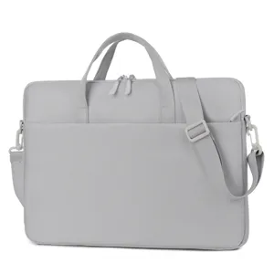 Sacoche pour ordinateur portable gris clair avec bandouliere, mallette minimaliste.