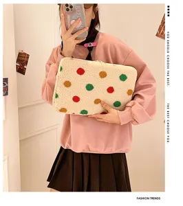 Fluffy Laptop Sleeve 14 15 Inch Cute Polka Dot Fleece Tablet Organizer Bag for Women