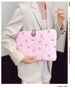 Pink quilted laptop sleeve cute bow ipad bag stylish Korean aesthetic computer pouch