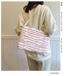 Korean style pink plush tiger stripe shoulder tablet sleeve and laptop protective bag.
