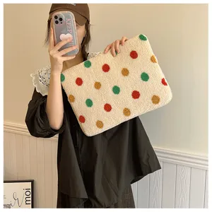 Cute fleece laptop sleeve with colorful polka dots, soft plush tablet storage bag for daily use.