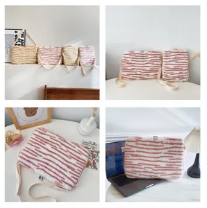 Korean style fluffy striped shoulder bag cute plush iPad and laptop protection sleeve.