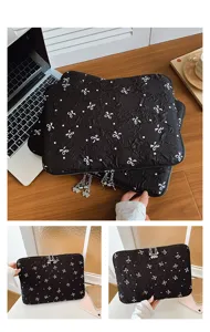 Cute bowknot quilted laptop sleeve stylish black computer bag for daily office and school use.
