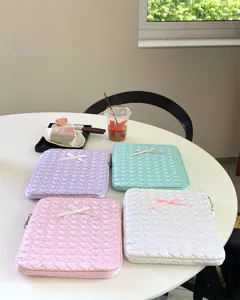Quilted heart tablet sleeve, cute bow laptop bag for 11 13 inch ipad and notebook storage.