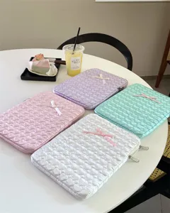Detailed shot of quilted heart pattern iPad sleeve in charming pastel colors view.