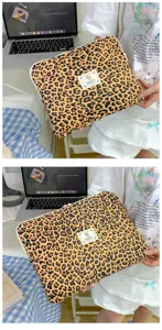 Leopard print laptop sleeve large capacity Y2K student cute iPad bag for daily use.