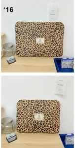 Leopard print laptop sleeve detail, stylish Y2K aesthetic tablet case with secure zipper.