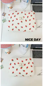 Cute strawberry print laptop sleeve, lightweight canvas computer bag for student daily use