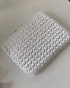 White quilted heart pattern laptop sleeve detail, cute embroidered tablet bag for 11 13 inch.